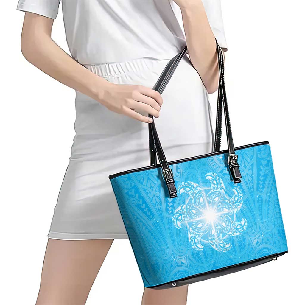 New Zealand Matariki Waiti Leather Tote Bag Maori Moko Cyan Galaxy LT05 - Polynesian Pride