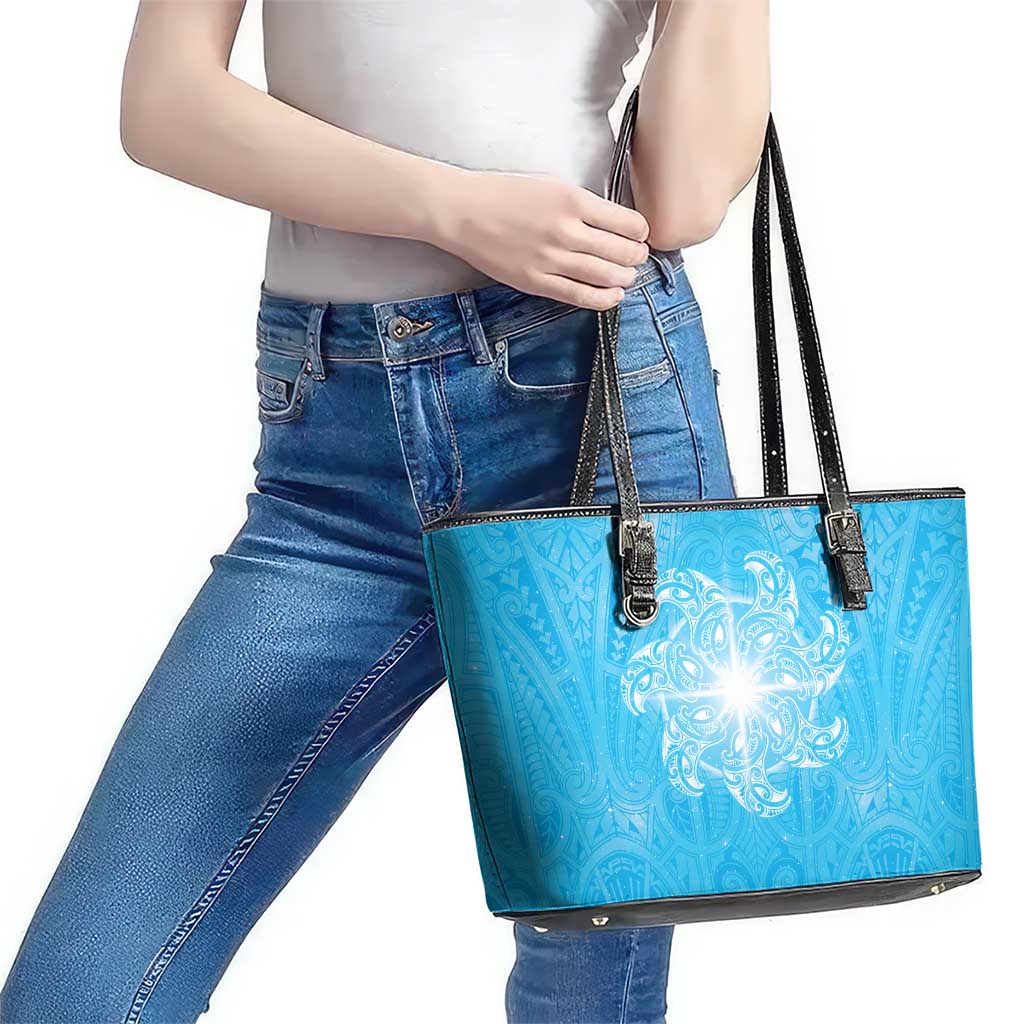 New Zealand Matariki Waiti Leather Tote Bag Maori Moko Cyan Galaxy LT05 - Polynesian Pride