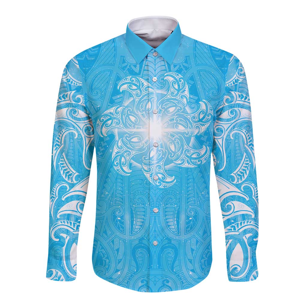 New Zealand Matariki Waiti Long Sleeve Button Shirt Maori Moko Cyan Galaxy LT05 Unisex Cyan - Polynesian Pride
