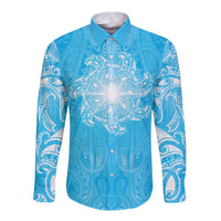 New Zealand Matariki Waiti Long Sleeve Button Shirt Maori Moko Cyan Galaxy LT05 Unisex Cyan - Polynesian Pride
