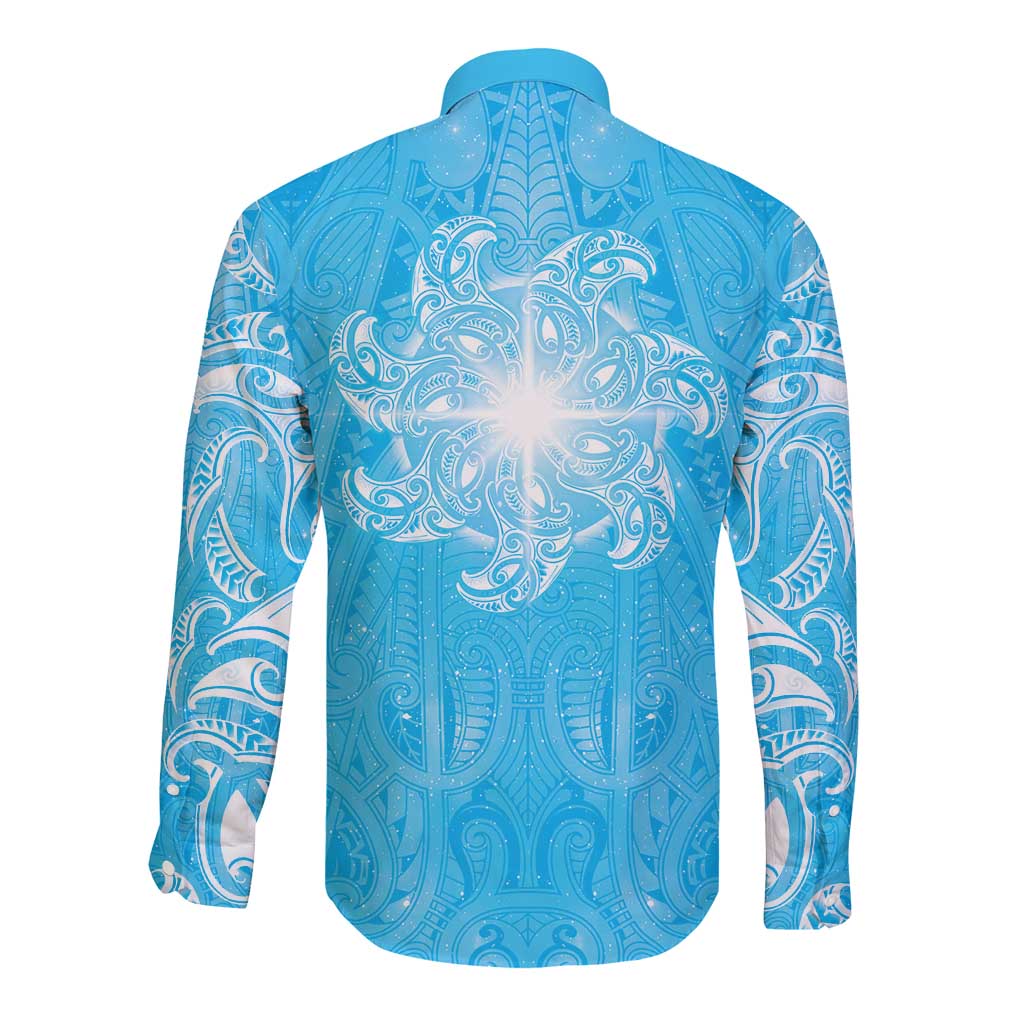 New Zealand Matariki Waiti Long Sleeve Button Shirt Maori Moko Cyan Galaxy LT05 - Polynesian Pride