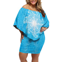 New Zealand Matariki Waiti Off Shoulder Short Dress Maori Moko Cyan Galaxy LT05 Women Cyan - Polynesian Pride