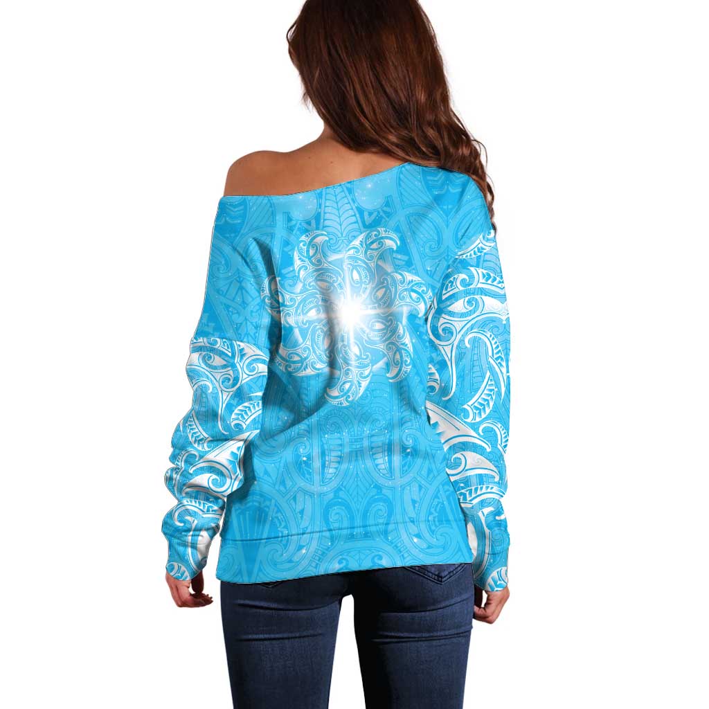 New Zealand Matariki Waiti Off Shoulder Sweater Maori Moko Cyan Galaxy LT05 - Polynesian Pride