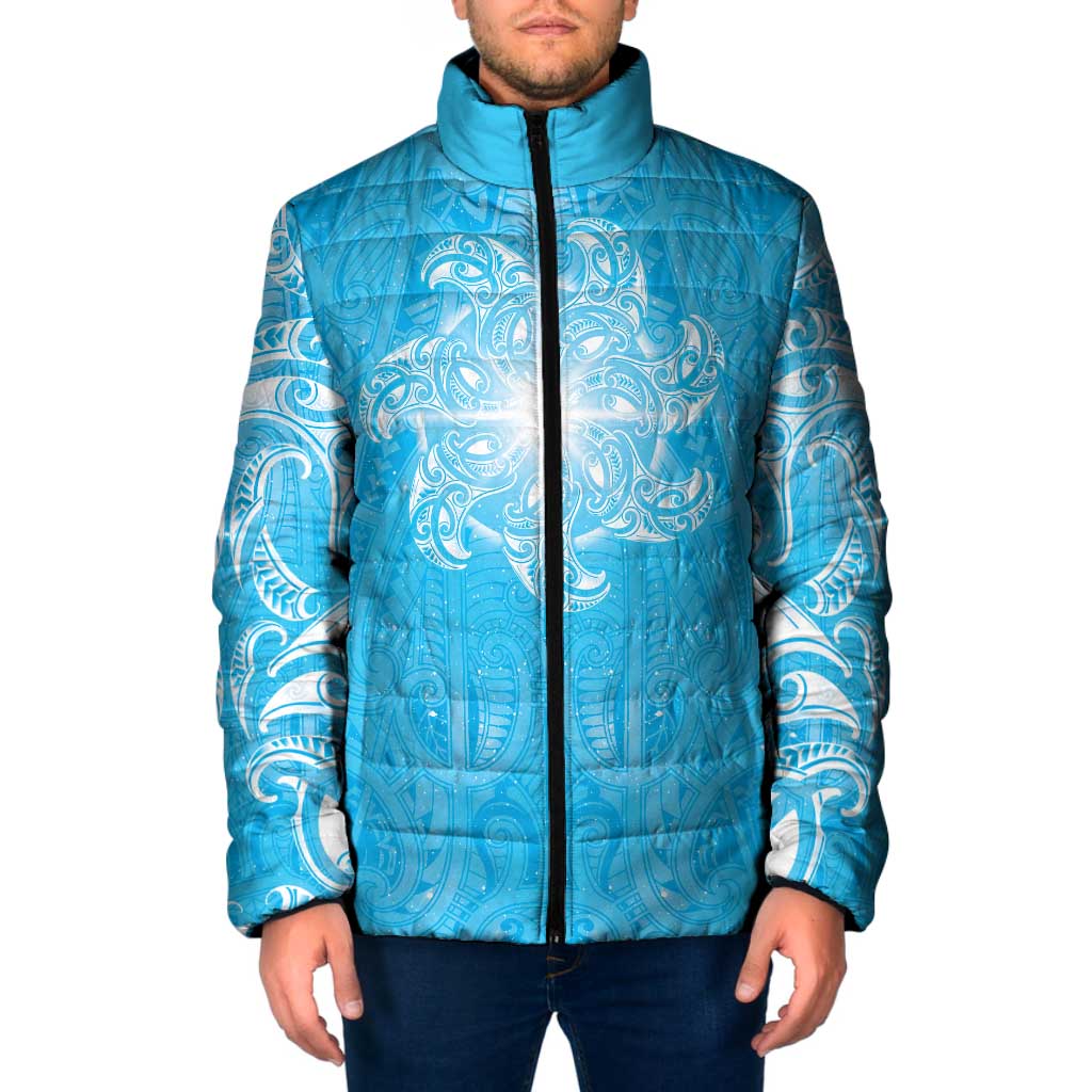 New Zealand Matariki Waiti Padded Jacket Maori Moko Cyan Galaxy LT05 Men Cyan - Polynesian Pride