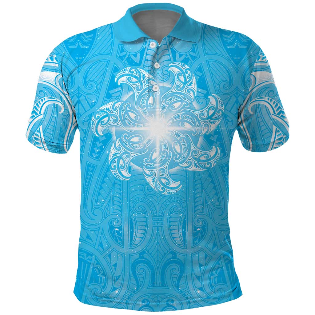 New Zealand Matariki Waiti Polo Shirt Maori Moko Cyan Galaxy LT05 Cyan - Polynesian Pride