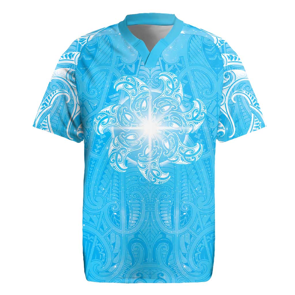 New Zealand Matariki Waiti Rugby Jersey Maori Moko Cyan Galaxy LT05 Cyan - Polynesian Pride