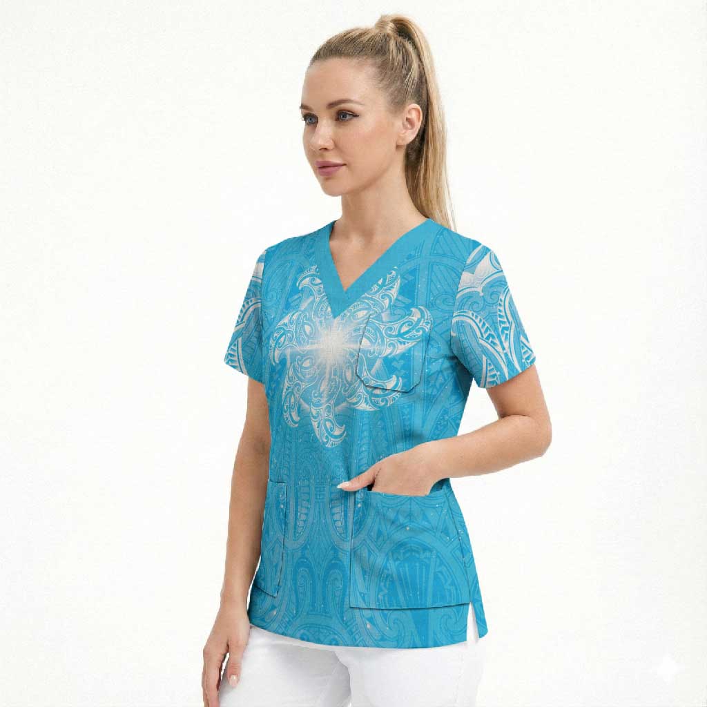 New Zealand Matariki Waiti Scrub Top Maori Moko Cyan Galaxy LT05 - Polynesian Pride