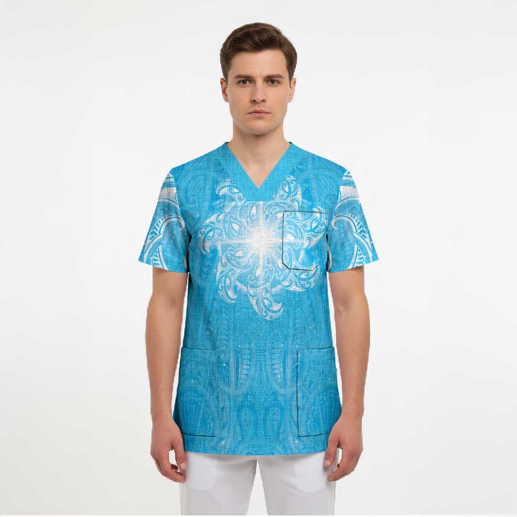 New Zealand Matariki Waiti Scrub Top Maori Moko Cyan Galaxy LT05 - Polynesian Pride