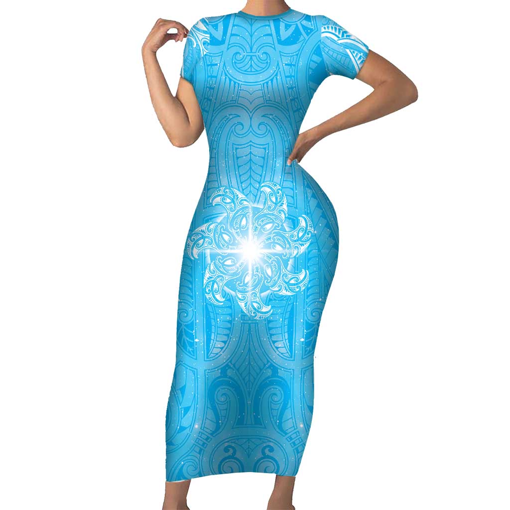 New Zealand Matariki Waiti Short Sleeve Bodycon Dress Maori Moko Cyan Galaxy LT05 Long Dress Cyan - Polynesian Pride