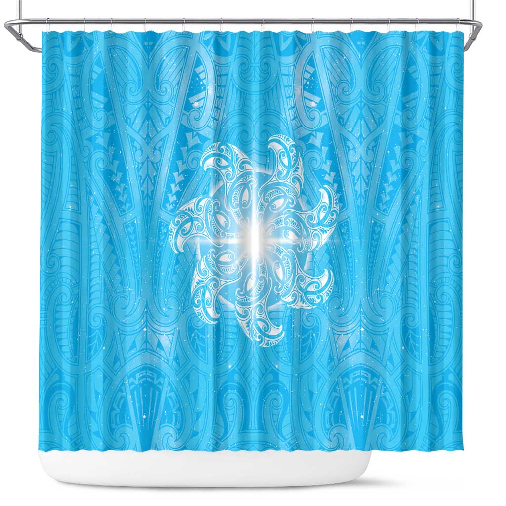 New Zealand Matariki Waiti Shower Curtain Maori Moko Cyan Galaxy LT05 Cyan - Polynesian Pride