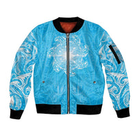 New Zealand Matariki Waiti Sleeve Zip Bomber Jacket Maori Moko Cyan Galaxy LT05 Unisex Cyan - Polynesian Pride