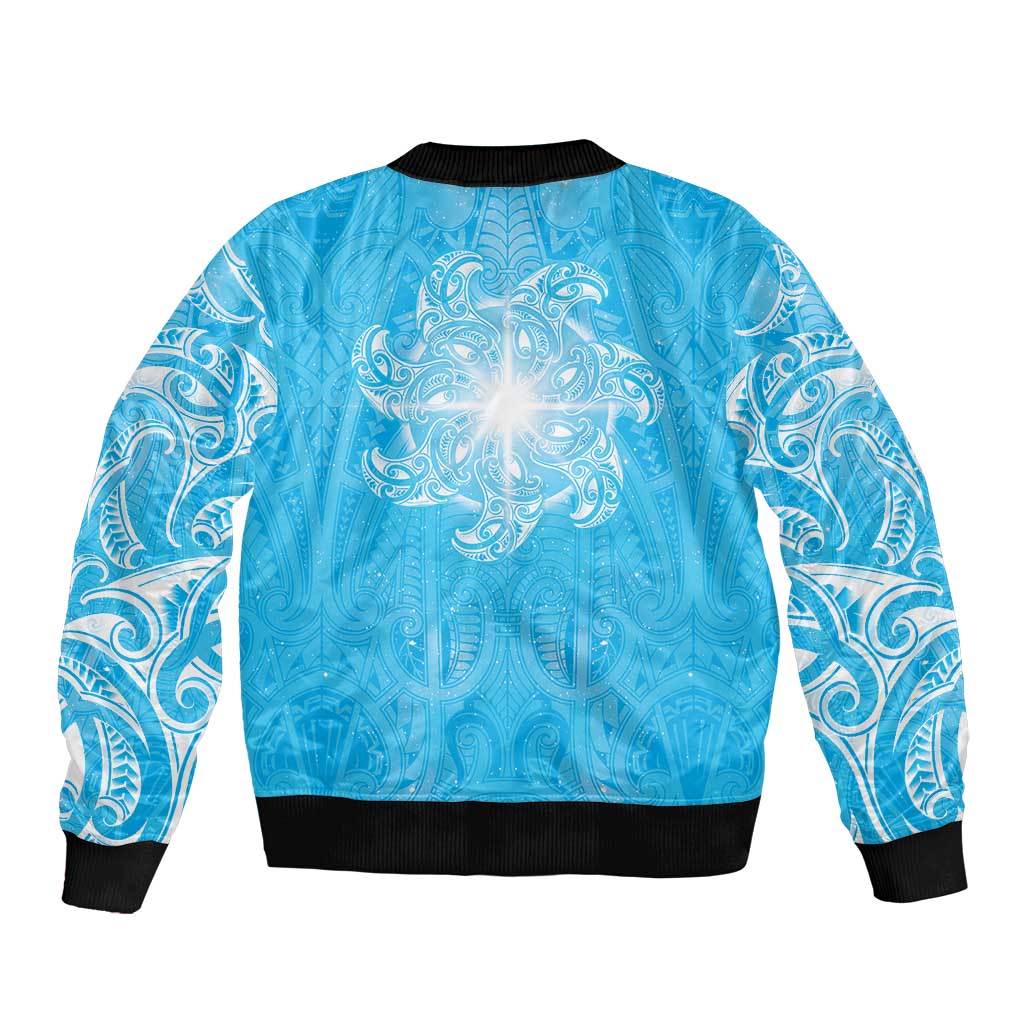New Zealand Matariki Waiti Sleeve Zip Bomber Jacket Maori Moko Cyan Galaxy LT05 - Polynesian Pride