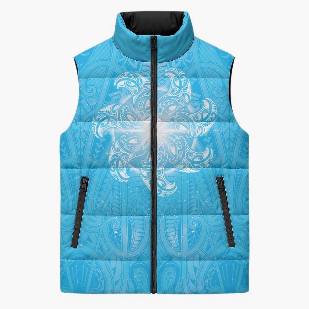 New Zealand Matariki Waiti Sleeveless Puffer Jacket Maori Moko Cyan Galaxy LT05 Unisex Cyan - Polynesian Pride