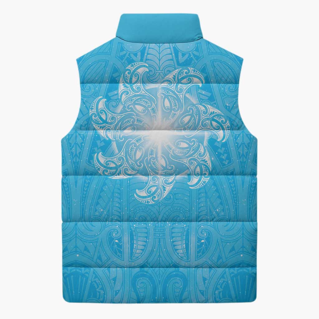 New Zealand Matariki Waiti Sleeveless Puffer Jacket Maori Moko Cyan Galaxy LT05 - Polynesian Pride