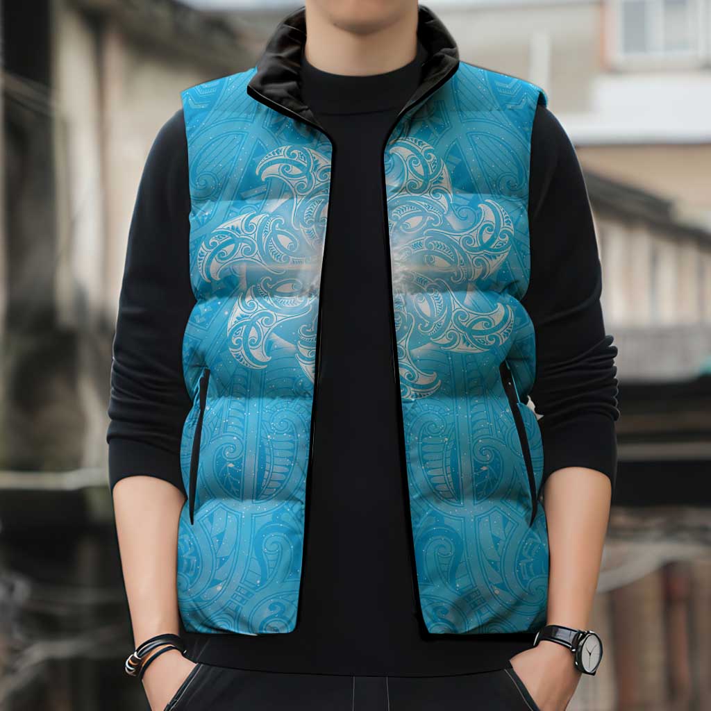 New Zealand Matariki Waiti Sleeveless Puffer Jacket Maori Moko Cyan Galaxy LT05 - Polynesian Pride