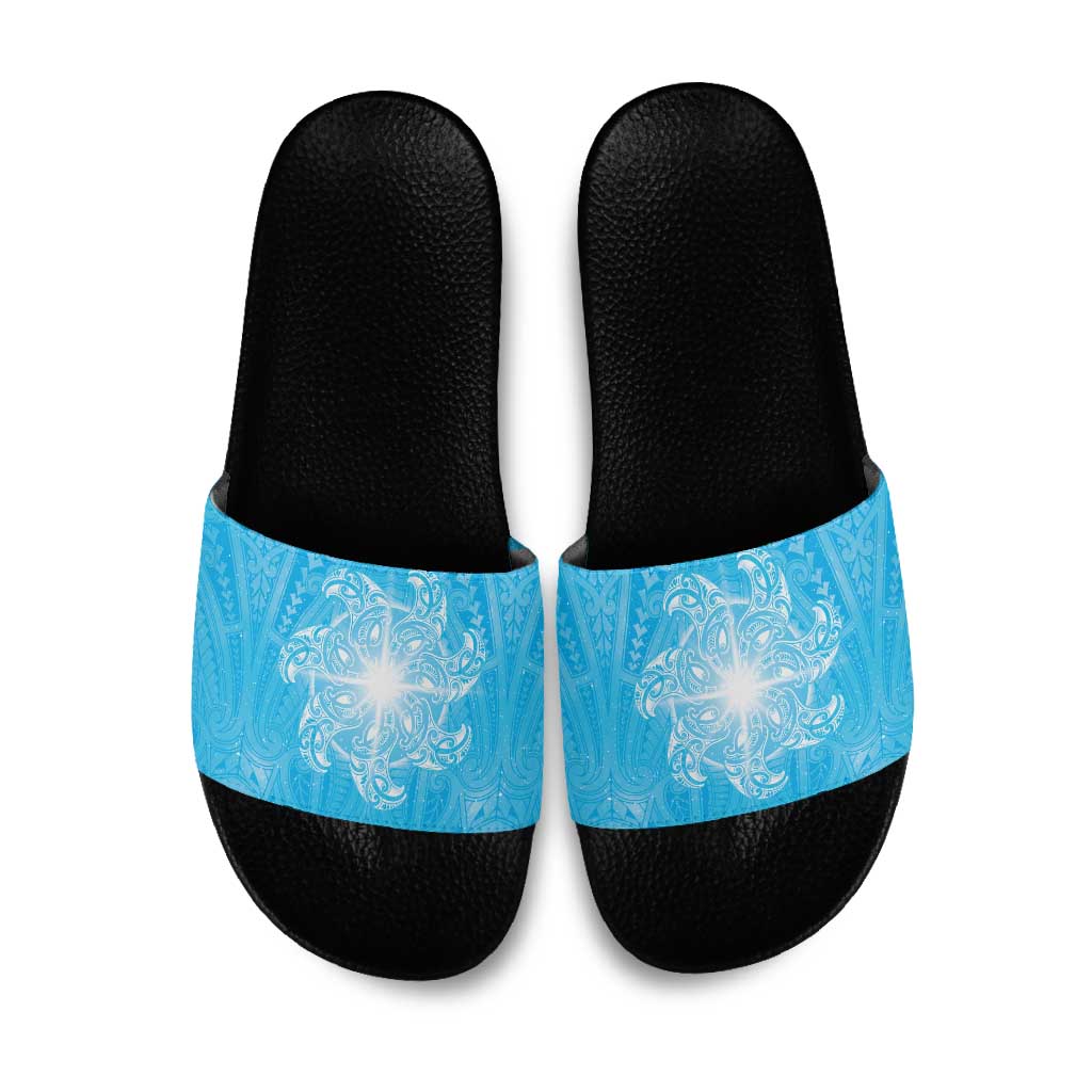New Zealand Matariki Waiti Slide Sandals Maori Moko Cyan Galaxy LT05 Cyan - Polynesian Pride