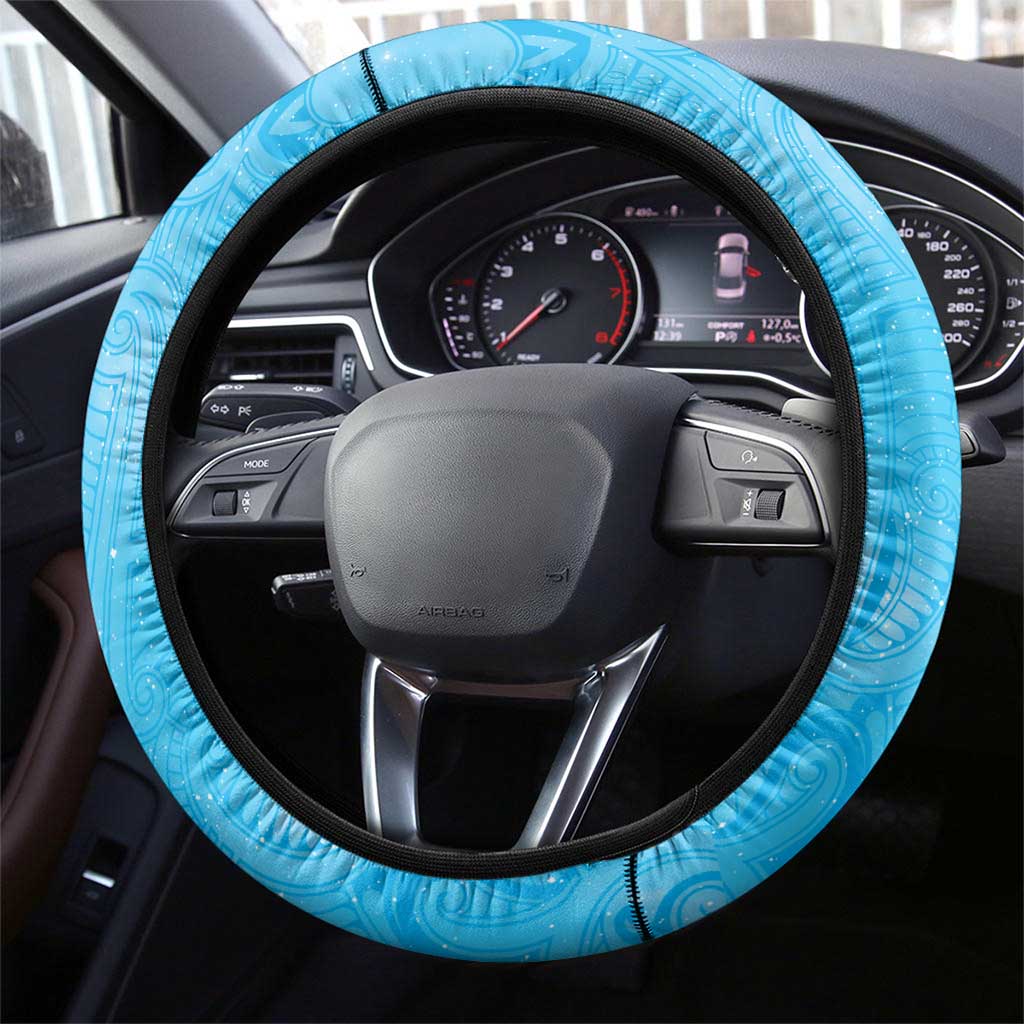 New Zealand Matariki Waiti Steering Wheel Cover Maori Moko Cyan Galaxy LT05 - Polynesian Pride