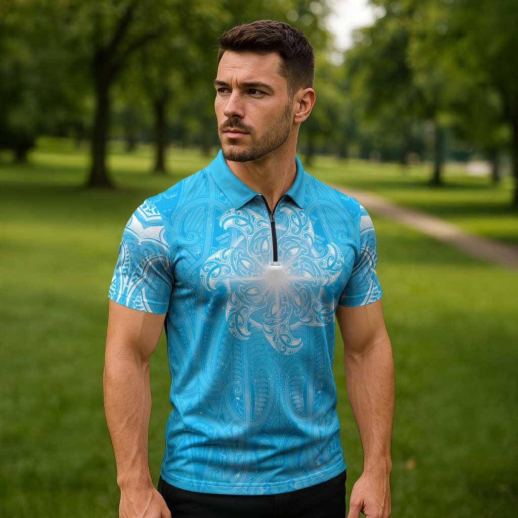 New Zealand Matariki Waiti Zipper Polo Shirt Maori Moko Cyan Galaxy LT05 - Polynesian Pride