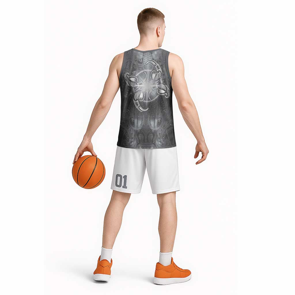 New Zealand Matariki Ururangi Basketball Jersey Maori Moko Grey Galaxy LT05 - Polynesian Pride