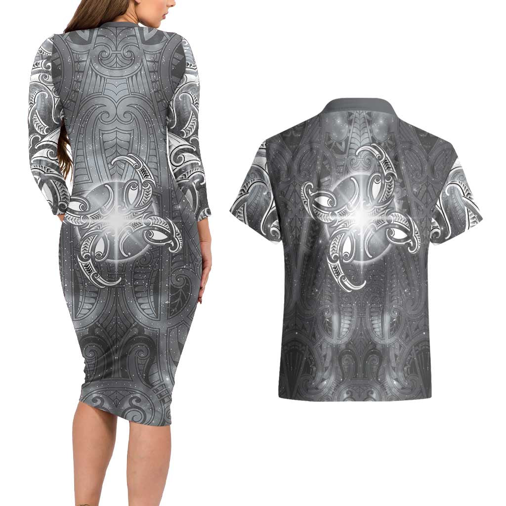 New Zealand Matariki Ururangi Couples Matching Long Sleeve Bodycon Dress and Hawaiian Shirt Maori Moko Grey Galaxy