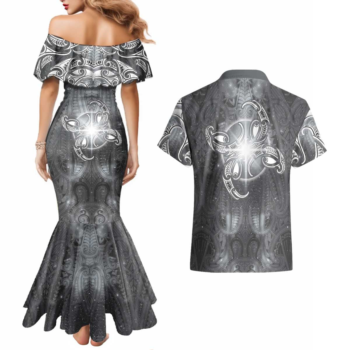 New Zealand Matariki Ururangi Couples Matching Mermaid Dress and Hawaiian Shirt Maori Moko Grey Galaxy