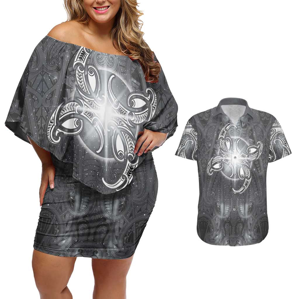 New Zealand Matariki Ururangi Couples Matching Off Shoulder Short Dress and Hawaiian Shirt Maori Moko Grey Galaxy