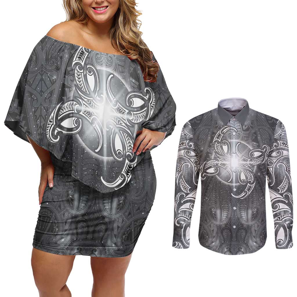 New Zealand Matariki Ururangi Couples Matching Off Shoulder Short Dress and Long Sleeve Button Shirt Maori Moko Grey Galaxy