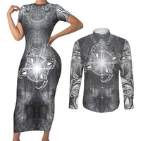 New Zealand Matariki Ururangi Couples Matching Short Sleeve Bodycon Dress and Long Sleeve Button Shirt Maori Moko Grey Galaxy