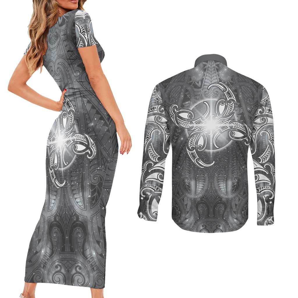 New Zealand Matariki Ururangi Couples Matching Short Sleeve Bodycon Dress and Long Sleeve Button Shirt Maori Moko Grey Galaxy