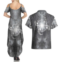 New Zealand Matariki Ururangi Couples Matching Summer Maxi Dress and Hawaiian Shirt Maori Moko Grey Galaxy
