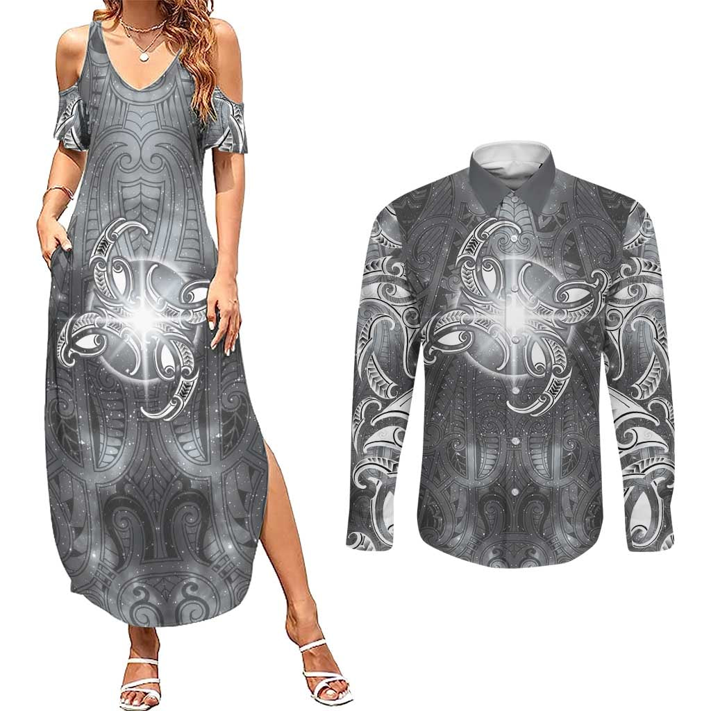 New Zealand Matariki Ururangi Couples Matching Summer Maxi Dress and Long Sleeve Button Shirt Maori Moko Grey Galaxy LT05 Grey - Polynesian Pride