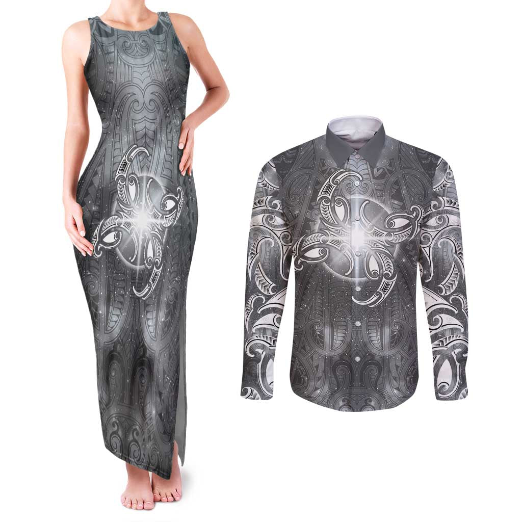 New Zealand Matariki Ururangi Couples Matching Tank Maxi Dress and Long Sleeve Button Shirt Maori Moko Grey Galaxy