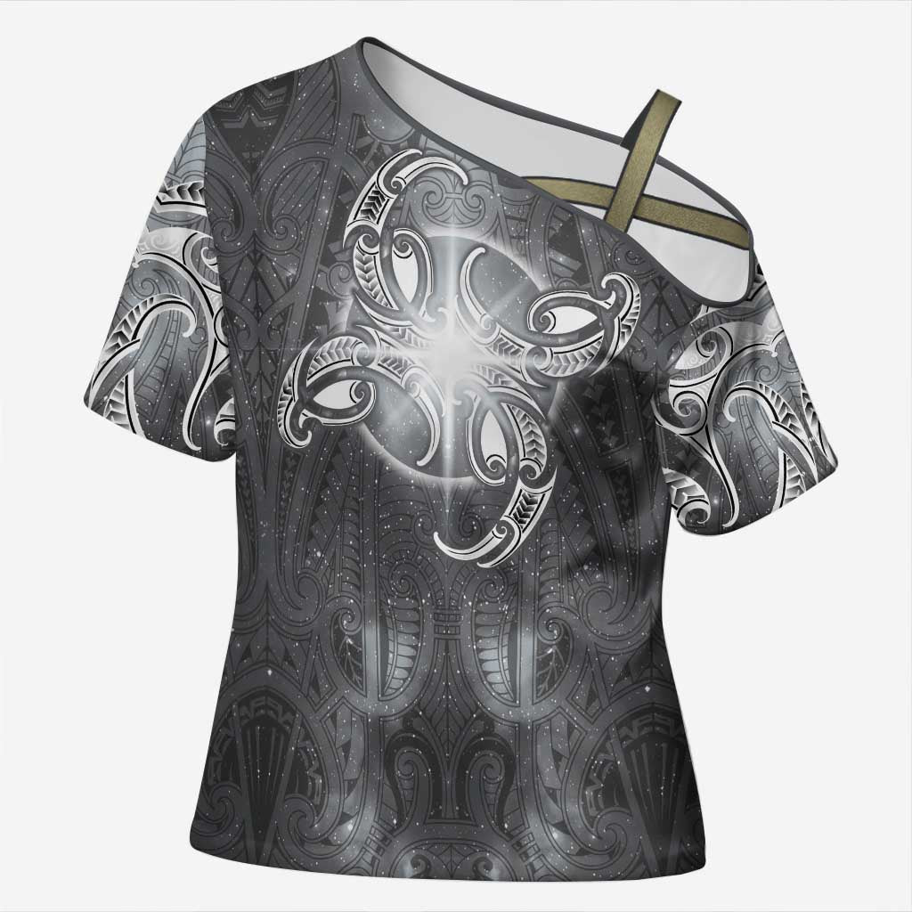New Zealand Matariki Ururangi Cross Shoulder Shirt Maori Moko Grey Galaxy LT05 Female Grey - Polynesian Pride