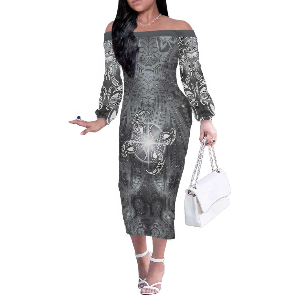 New Zealand Matariki Ururangi Family Matching Off The Shoulder Long Sleeve Dress and Hawaiian Shirt Maori Moko Grey Galaxy