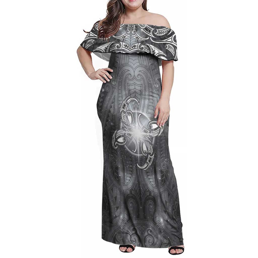 New Zealand Matariki Ururangi Family Matching Off Shoulder Maxi Dress and Hawaiian Shirt Maori Moko Grey Galaxy
