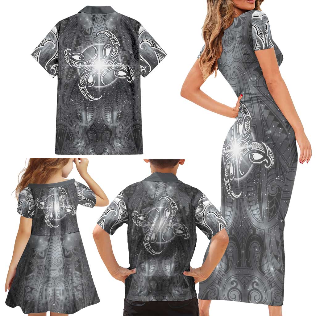 New Zealand Matariki Ururangi Family Matching Short Sleeve Bodycon Dress and Hawaiian Shirt Maori Moko Grey Galaxy