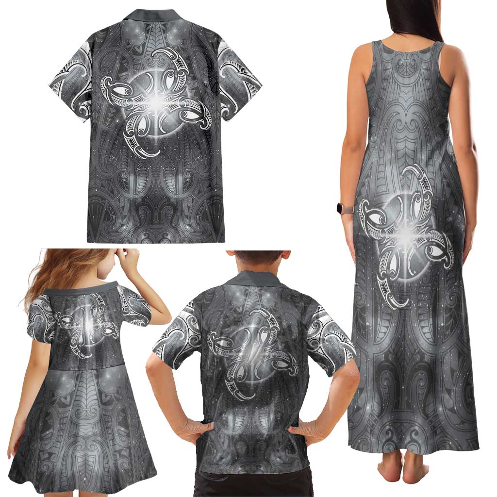 New Zealand Matariki Ururangi Family Matching Tank Maxi Dress and Hawaiian Shirt Maori Moko Grey Galaxy
