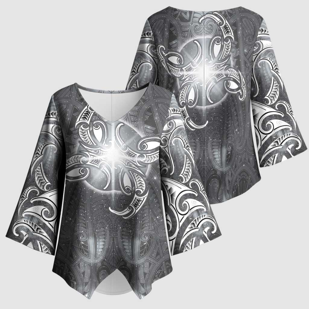 New Zealand Matariki Ururangi Kimono Sleeve Blouse Maori Moko Grey Galaxy LT05 - Polynesian Pride