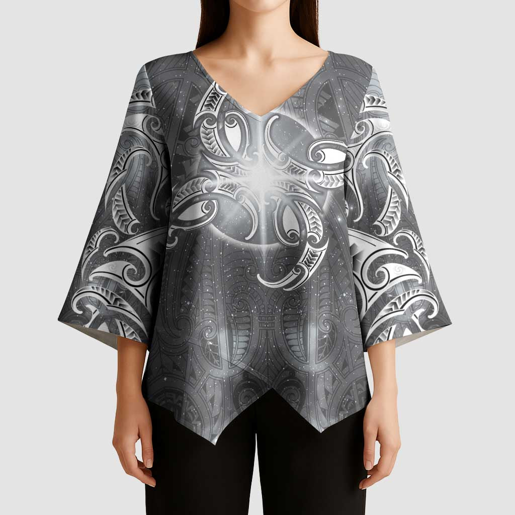New Zealand Matariki Ururangi Kimono Sleeve Blouse Maori Moko Grey Galaxy LT05 - Polynesian Pride