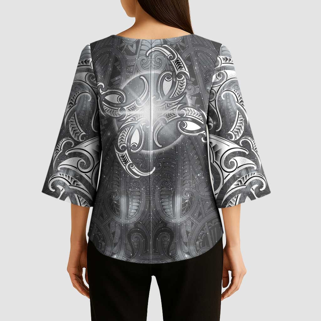 New Zealand Matariki Ururangi Kimono Sleeve Blouse Maori Moko Grey Galaxy LT05 - Polynesian Pride