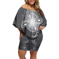 New Zealand Matariki Ururangi Off Shoulder Short Dress Maori Moko Grey Galaxy LT05 Women Grey - Polynesian Pride