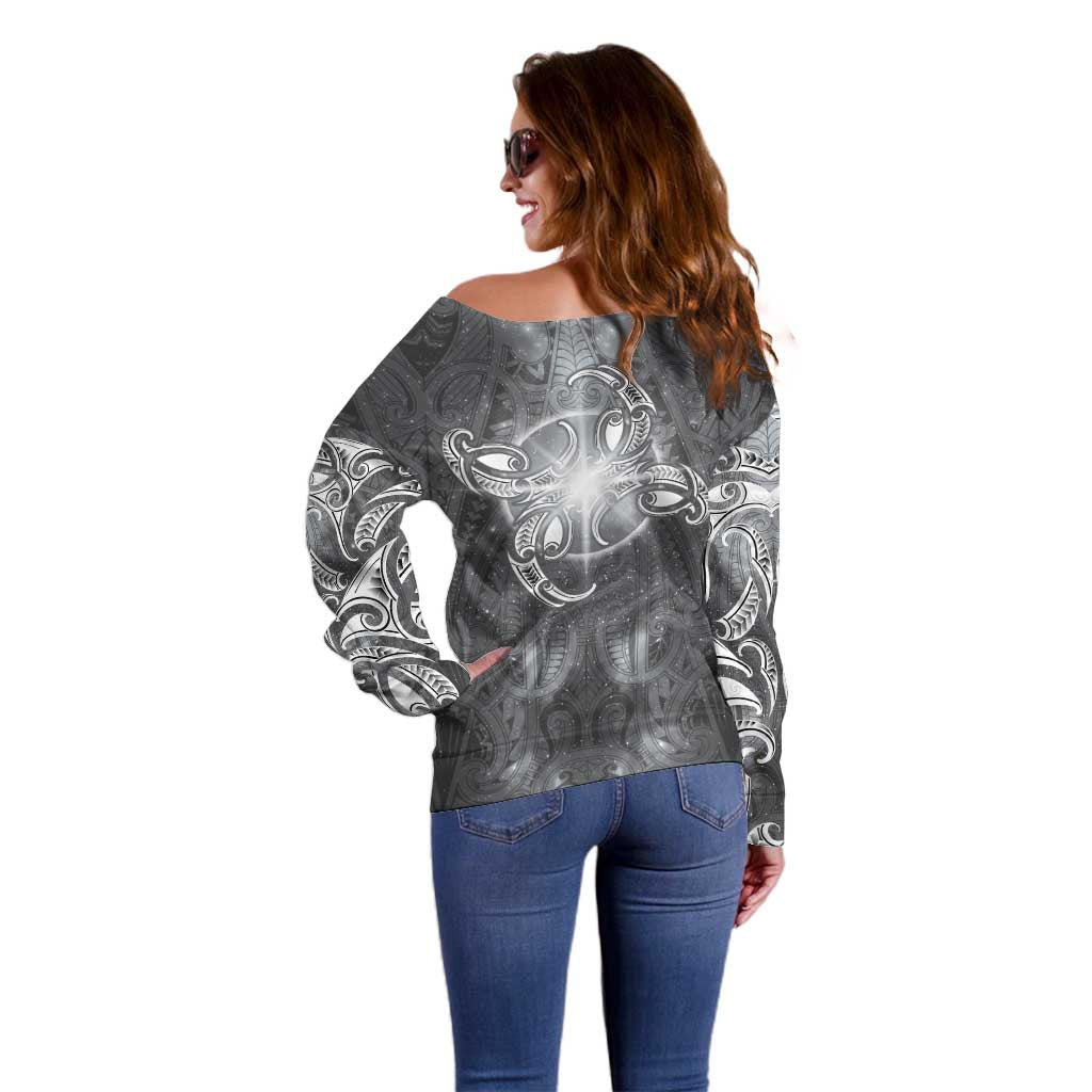 New Zealand Matariki Ururangi Off Shoulder Sweater Maori Moko Grey Galaxy