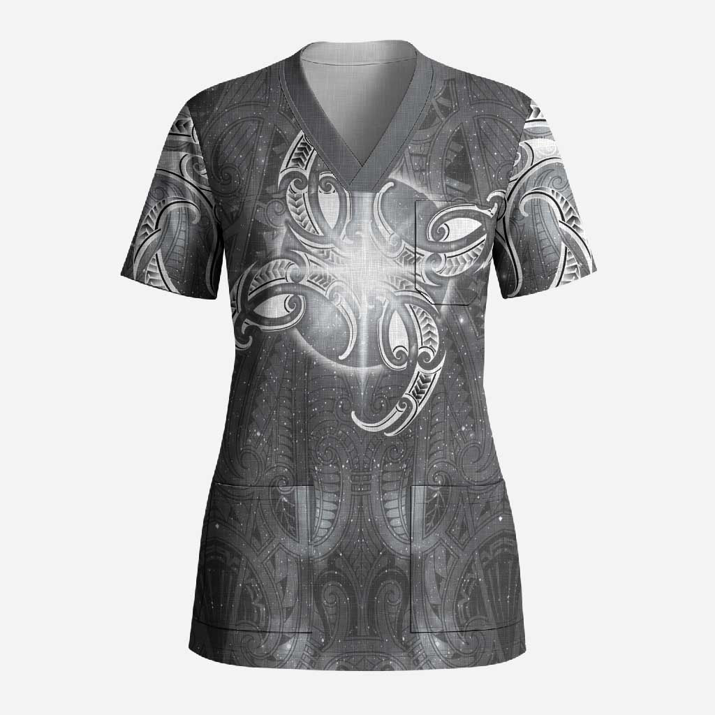 New Zealand Matariki Ururangi Scrub Top Maori Moko Grey Galaxy LT05 Adult Grey - Polynesian Pride