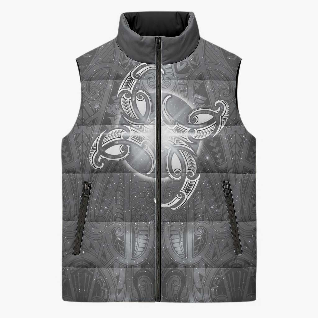 New Zealand Matariki Ururangi Sleeveless Puffer Jacket Maori Moko Grey Galaxy LT05 Unisex Grey - Polynesian Pride