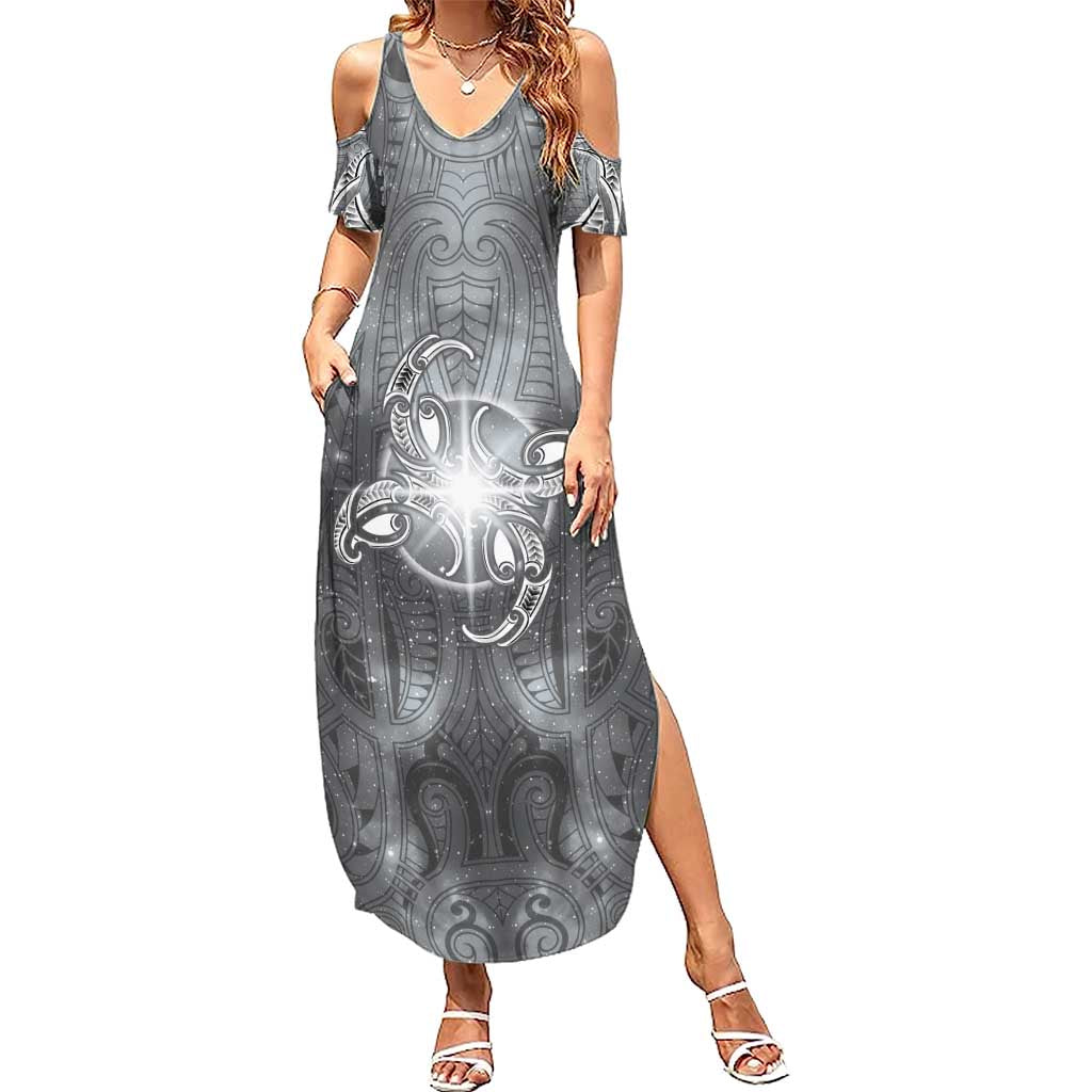 New Zealand Matariki Ururangi Summer Maxi Dress Maori Moko Grey Galaxy LT05 Women Grey - Polynesian Pride