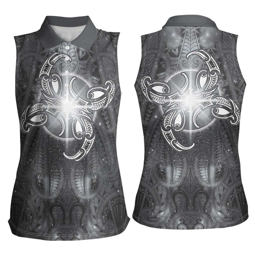 New Zealand Matariki Ururangi Women Sleeveless Polo Shirt Maori Moko Grey Galaxy