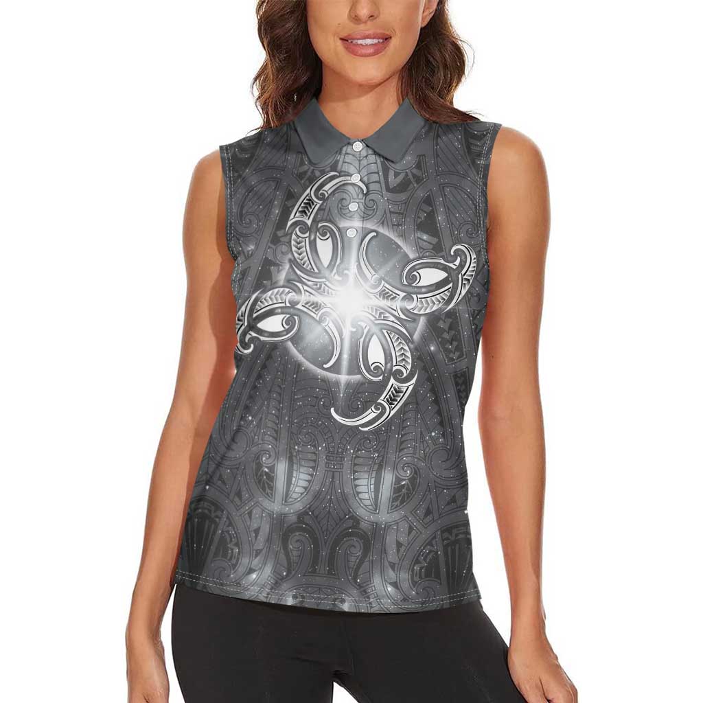 New Zealand Matariki Ururangi Women Sleeveless Polo Shirt Maori Moko Grey Galaxy