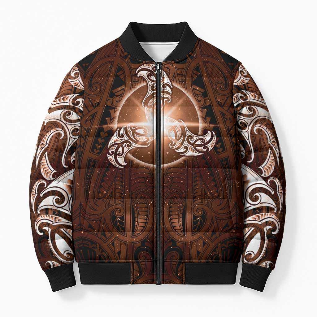 New Zealand Matariki Tupuanuku Bomber Puffer Jacket Maori Moko Brown Galaxy LT05 Unisex Brown - Polynesian Pride