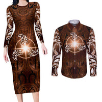 New Zealand Matariki Tupuanuku Couples Matching Long Sleeve Bodycon Dress and Long Sleeve Button Shirt Maori Moko Brown Galaxy