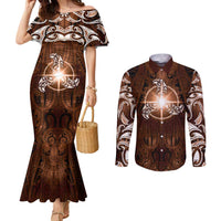 New Zealand Matariki Tupuanuku Couples Matching Mermaid Dress and Long Sleeve Button Shirt Maori Moko Brown Galaxy